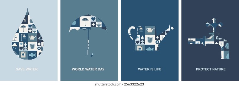 Water Conservation Awareness Posters Set. set of four posters featuring water conservation, sustainability, and nature protection themes with creative icons shaped as water, umbrella, and faucet. 