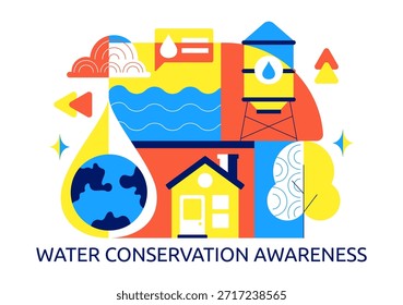 Ilustração Do Vetor De Conscientização Da Conservação Da Água Apresentando Uso Sustentável Proteção Ambiental Para Gerações Futuras Fundo