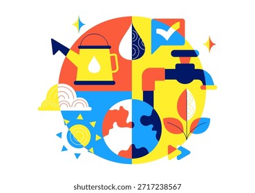 Water Conservation Awareness Vector Illustration Featuring Sustainable Usage Environmental Protection For Future Generations Background