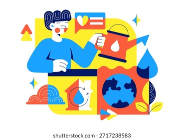 Ilustração Do Vetor De Conscientização Da Conservação Da Água Apresentando Uso Sustentável Proteção Ambiental Para Gerações Futuras Fundo