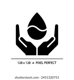 Water conservation black glyph icon. Responsible and careful usage. Natural resource protection. Silhouette symbol on white space. Solid pictogram. Vector isolated illustration. Pixel perfect