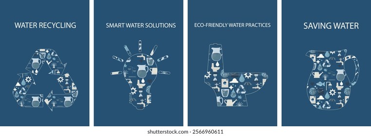 Water conservation card templates. Icons in abstract flat style. Water poster set. Recycle symbol, lightbulb, toilet. Environmental awareness. World water day. Water concept. Vector illustration