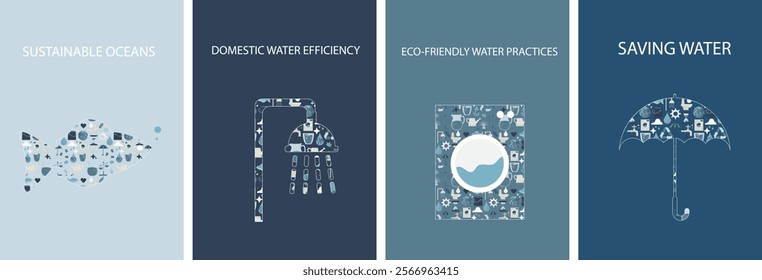 Water conservation card templates. Icons in abstract flat style. Water poster set. Fish, Shower, washing machine and umbrella. Environment day. World water day. Water concept. Vector illustration