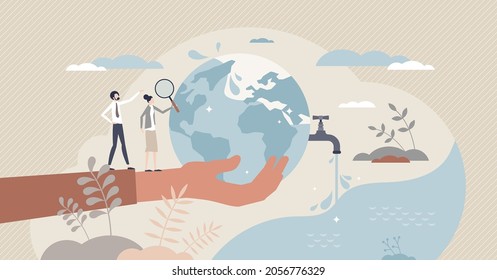 Water conservation care and saving natural H2O resources tiny person concept. Drinking water consumption reduction because of tap water shortage and planet draining out awareness vector illustration.