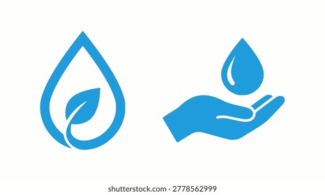 Water conservation and ecology icon set with water drop leaf and hand holding droplet in flat design