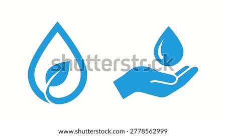 Water conservation and ecology icon set with water drop leaf and hand holding droplet in flat design
