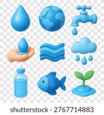Water Conservation and Ecology Vector Icon Set | 3D icon set | water drop, blue planet Earth, water tap, hand holding a water droplet, blue waves, rain cloud with droplets,  bottle, blue fish, plant seedling growing from a puddle
