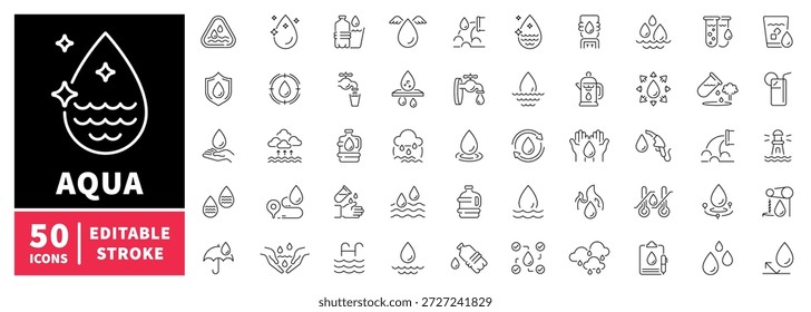 Conjunto de iconos de línea editable de conservación de agua: Elementos de agua e hidratación