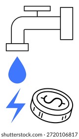 Conservación del agua, eficiencia energética, gestión de recursos, ahorro financiero, protección del medio ambiente, costos de servicios públicos. Grifo con gotita, moneda y relámpago. Conservación del agua y energía