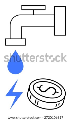 Water conservation, energy efficiency, resource management, financial savings, environmental protection, utility costs. Faucet with droplet, coin and lightning bolt. Water conservation and energy