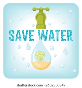 Water conservation, featuring an eco-friendly theme with a droplet, plant, and faucet. Environmental protection concept. Flat vector illustration 