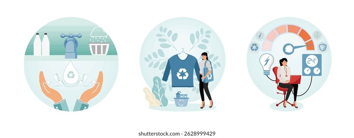 Conservação de água com mãos protegendo uma gota de reciclagem. Mulher defendendo a sustentabilidade, com produtos reciclados e roupas.  Uma empresária trabalhando em análise de eficiência energética.