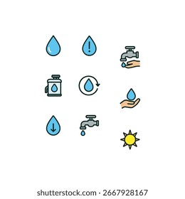 Wasserschutzsymbol im farbenfrohen Cartoon-Stil mit fetten Umrissen, darunter Wassertröpfchen, Wasserhähne, Regenwassersammlung und Dürrebewusstsein.