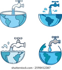 water conservation icon set with faucet and globe