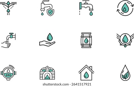 Water conservation icons bundle: taps, drops, recycling, and more