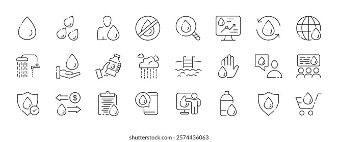 Water conservation icons collection: eco-friendly hydration and sustainability symbols. Vector icon