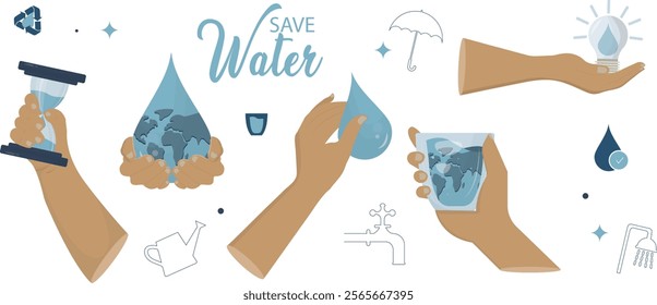 Water Conservation Icons set isolated on transparent background. Set of hands holding water-related elements as hourglass, water drop, Earth, depicting water conservation and environment protection