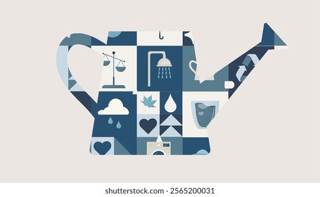 Water Conservation Icons in Watering Can Design. Modern mosaic of water-related sustainability icons arranged in watering can shape against white background, featuring navy and blue tones. Water