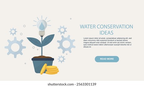 Water Conservation Ideas Eco Innovation Sustainability Concept. water droplet lightbulb plant design with gears, representing sustainable innovation and environmental conservation solutions