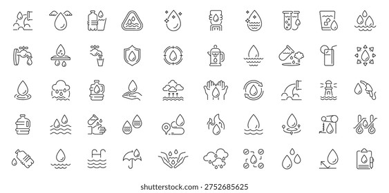 Water conservation outline icon set: editable stroke thin line icons for sustainability and hydration