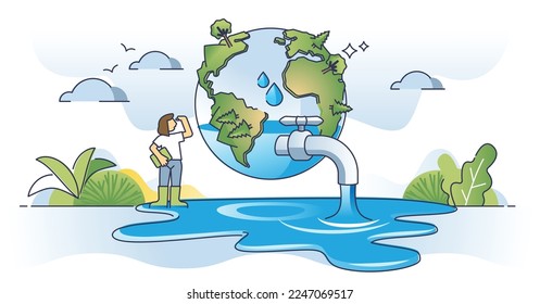 Water conservation and planet H2O resource protection outline concept. Environmental, ecological and responsible aqua usage for fresh and clean water drinking vector illustration. Reduce waste flow.