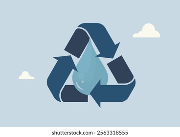 Water Conservation and Recycling Symbol Concept. Blue water droplet inside a recycling triangle, symbolizing sustainability, water reuse, and environmental conservation. Recycling water illustration.