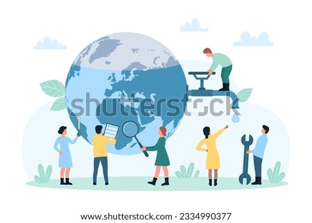 Water conservation, responsibility, global environmental protection vector illustration. Cartoon tiny people close valve on tap and pipeline to globe Earth, save and clean environment of world