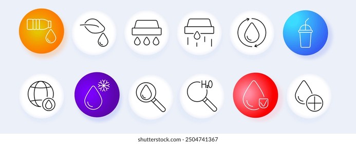 Water conservation set icon. Bottle, drops, filtration, recycling, drink, hydration, analysis, magnifying glass, H2O, global, freezing, environmental, inspection, vector, graphic.