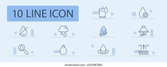 Water conservation set icon. Drop, rain, water, search, glass, settings, hand, irrigation, moisture, flow, management, eco, environment, drought, dripping, fountain, sustainability, resource.