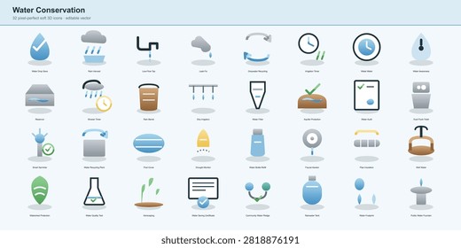 Water conservation soft 3D icon set featuring water drop save, rain harvest, low-flow tap, leak fix, greywater, irrigation timer and water meter on a light background.