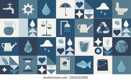 Water Conservation and Sustainability Icon Set. grid of water-themed icons, including conservation, recycling, nature, and sustainability symbols in a modern, clean design. World water day vector.