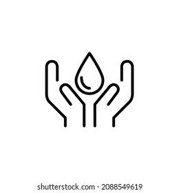 Water conservation and sustainable water usage. Drop in hands. Pixel perfect, editable stroke