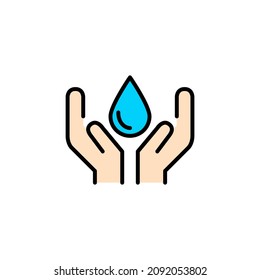 Water conservation and sustainable water usage. Drop in hands. Pixel perfect, editable stroke colorful icon