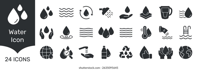 Water Conservation And Usage Solid Icon Set. Hydration, Recycling, And Environmental Protection Silhouette Symbol Collection. Water Management And Sustainability. Isolated Vector Illustration.
