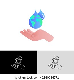 Water consumption concept, water droplet with planet Earth inside falling in human hand. Gradient flat icon. Save the water, conscious resource consumption. Vector illustration.