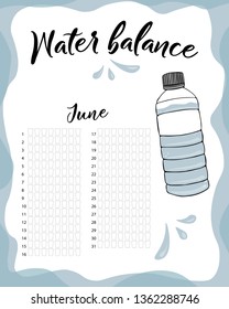 Water consumption per week and month June. Water balance vector calendar. Water monthly tracker.