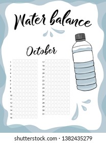 Water consumption per week and month October. Water balance vector calendar. Water monthly tracker.