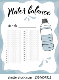 Water consumption per week and month. Water balance vector calendar. Water monthly tracker.