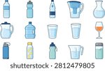 Water container collection vector, reusable drinking bottle set, hydration beverage accessories, isolated flat illustration bundle design