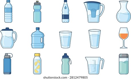 Water container collection vector, reusable drinking bottle set, hydration beverage accessories, isolated flat illustration bundle design
