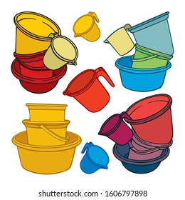 Water containers vector illustrations set. Hand drawn water buckets, basins and ladle collection. Hand washing equipment sketch drawing. Part of set.
