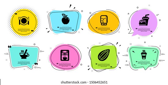 Water cooler, Apple and Almond nut line icons set. Chat bubbles with quotes. Hamburger, Restaurant food and Tea cup signs. Takeaway, Coffee maker symbols. Office drink, Fruit. Vector