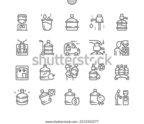 Water cooler. Best drinking water. Water bottle\
delivery. Buy, price and reviews. Pixel Perfect Vector Thin Line\
Icons. Simple Minimal\
Pictogram