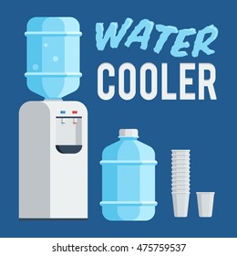 Water cooler, bottle and cup.  Flat style trendy vector illustration isolated on dark blue background