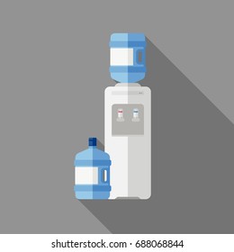 Water cooler with bottle in flat style. Vector simple illustration of white plastic cooler for water with long shadow.