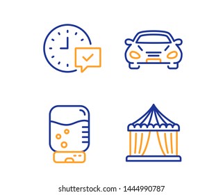 Water cooler, Car and Select alarm icons simple set. Circus tent sign. Office drink, Transport, Time symbol. Attraction park. Linear water cooler icon. Colorful design set. Vector