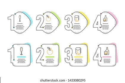 Water cooler, Champagne glass and Apple icons simple set. Whiskey glass sign. Office drink, Winery, Fruit. Scotch drink. Food and drink set. Infographic timeline. Line water cooler icon. Vector