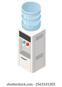 Water cooler with cold and heat water valve. Transparent water tank. Office supply. Vector illustration isolated on white background