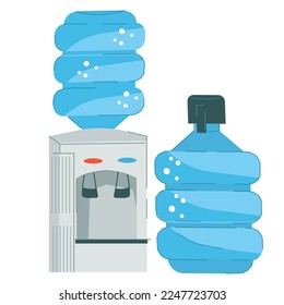 Water cooler container and bottle of pure drinking water, flat cartoon vector illustration isolated on white background. Design for water delivery company.
