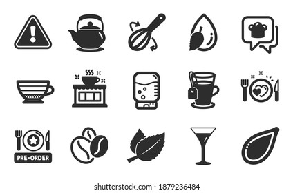 Refrigerador de agua, gota de agua y judías de café conjunto simple. Sombrero de cocina, cappuccino y carteles de comida previa al pedido. Susurros de cocina, hojas de menta y símbolos de semilla de calabaza. Juego de iconos planos. Vector